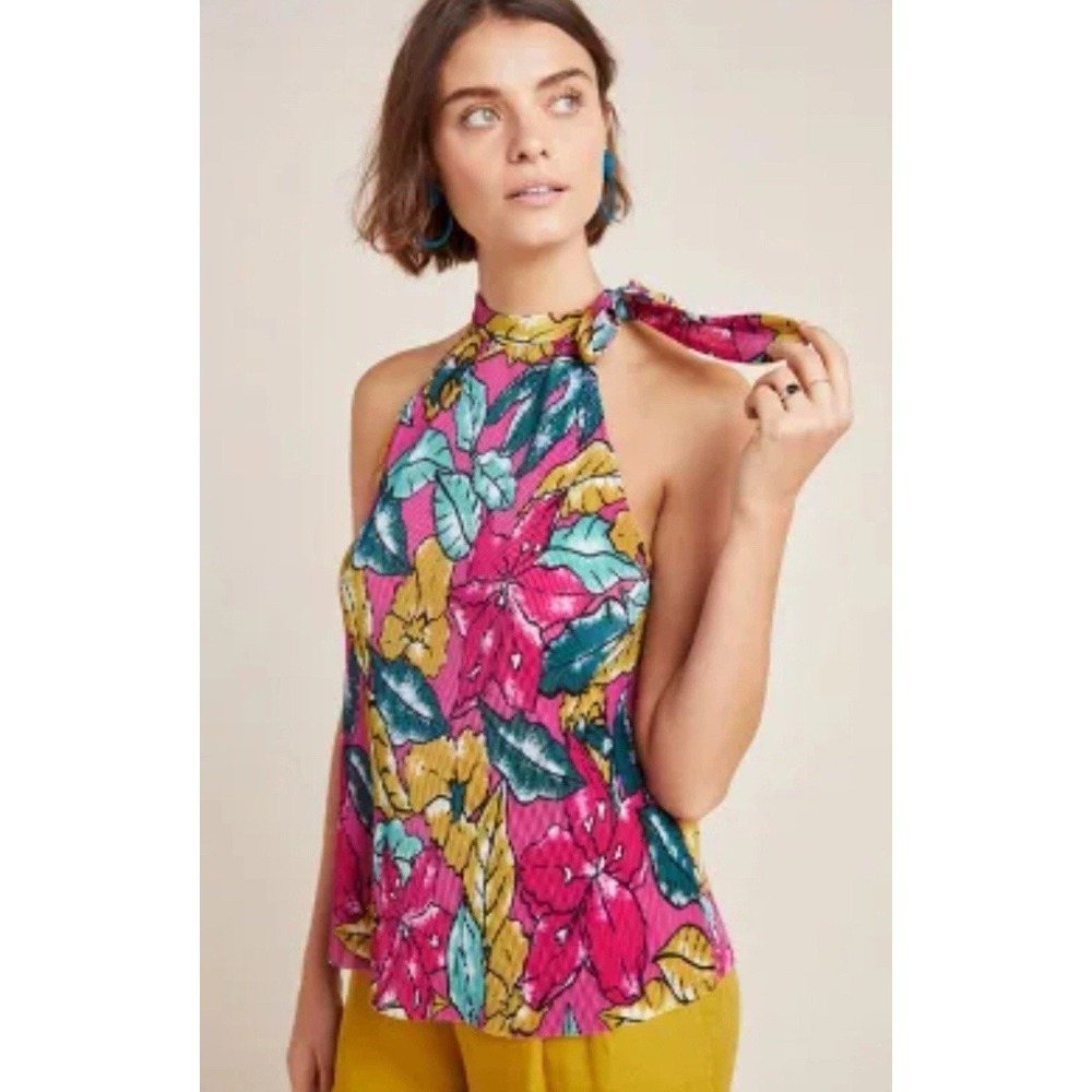 Maeve Anthropologie Raglan Pleated Blouse Top‎ Large Bow Neck Sleeveless Pink